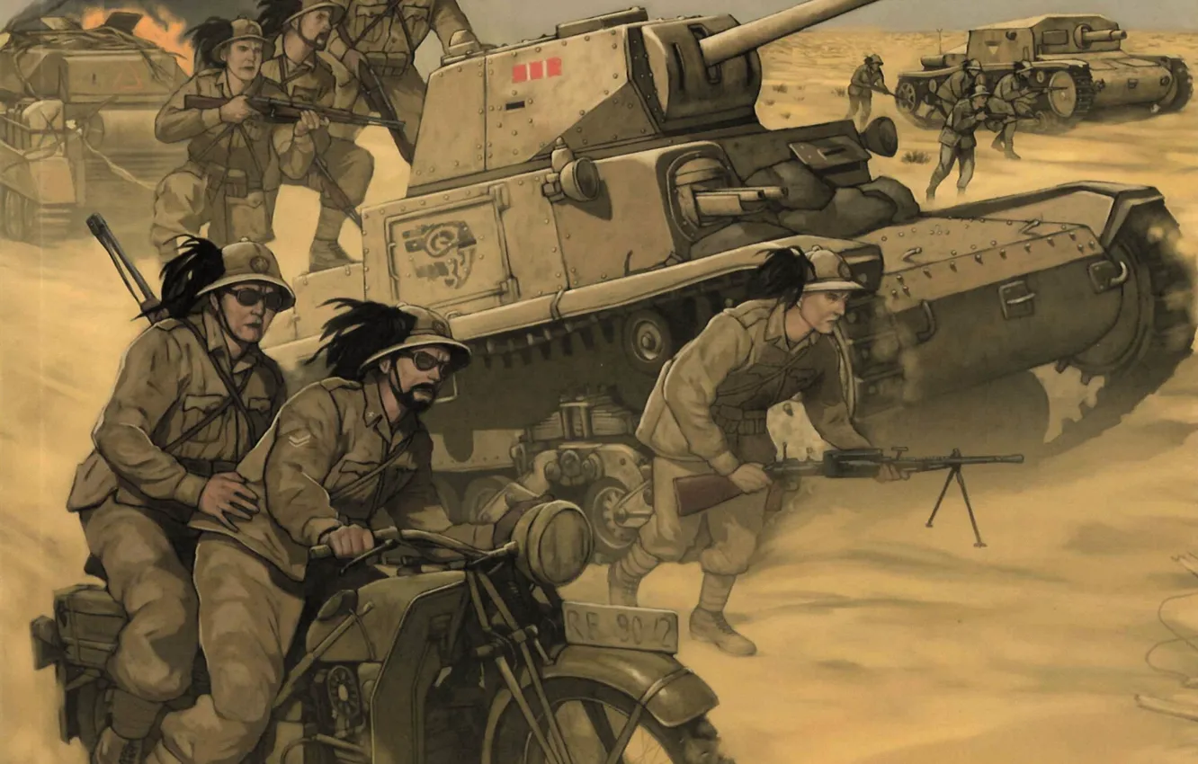 Фото обои оружие, Рисунок, мотоцикл, солдаты, бронетехника, песок.