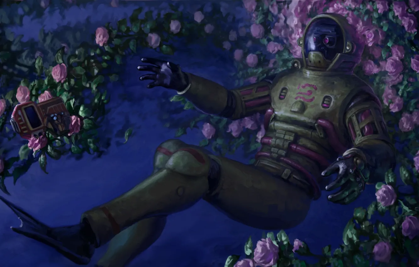 Фото обои космос, цветы, фантазия, робот, розы, арт, костюм, киборг