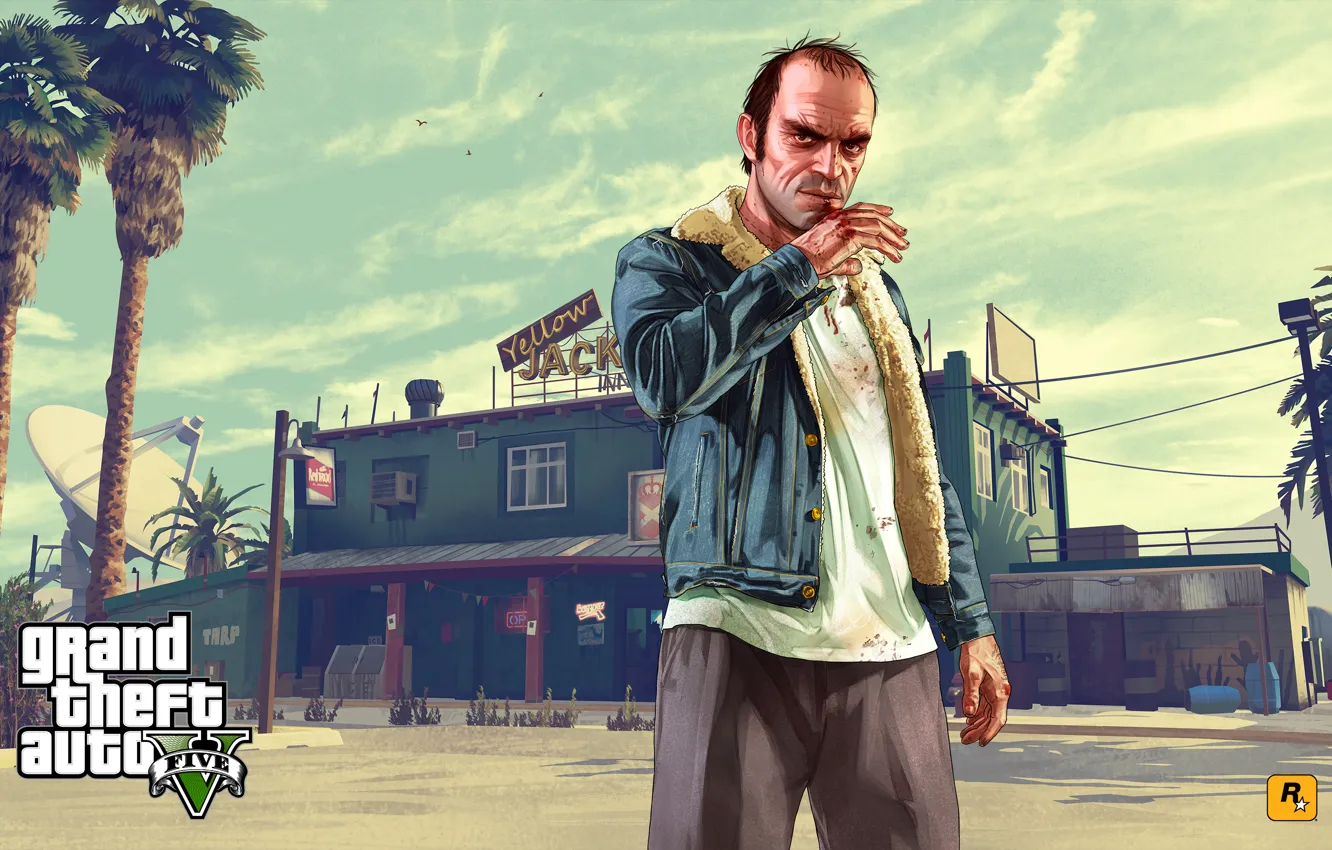 Фото обои пальмы, здание, бар, арт, тарелка, gta, Grand Theft Auto V, Rockstar Games