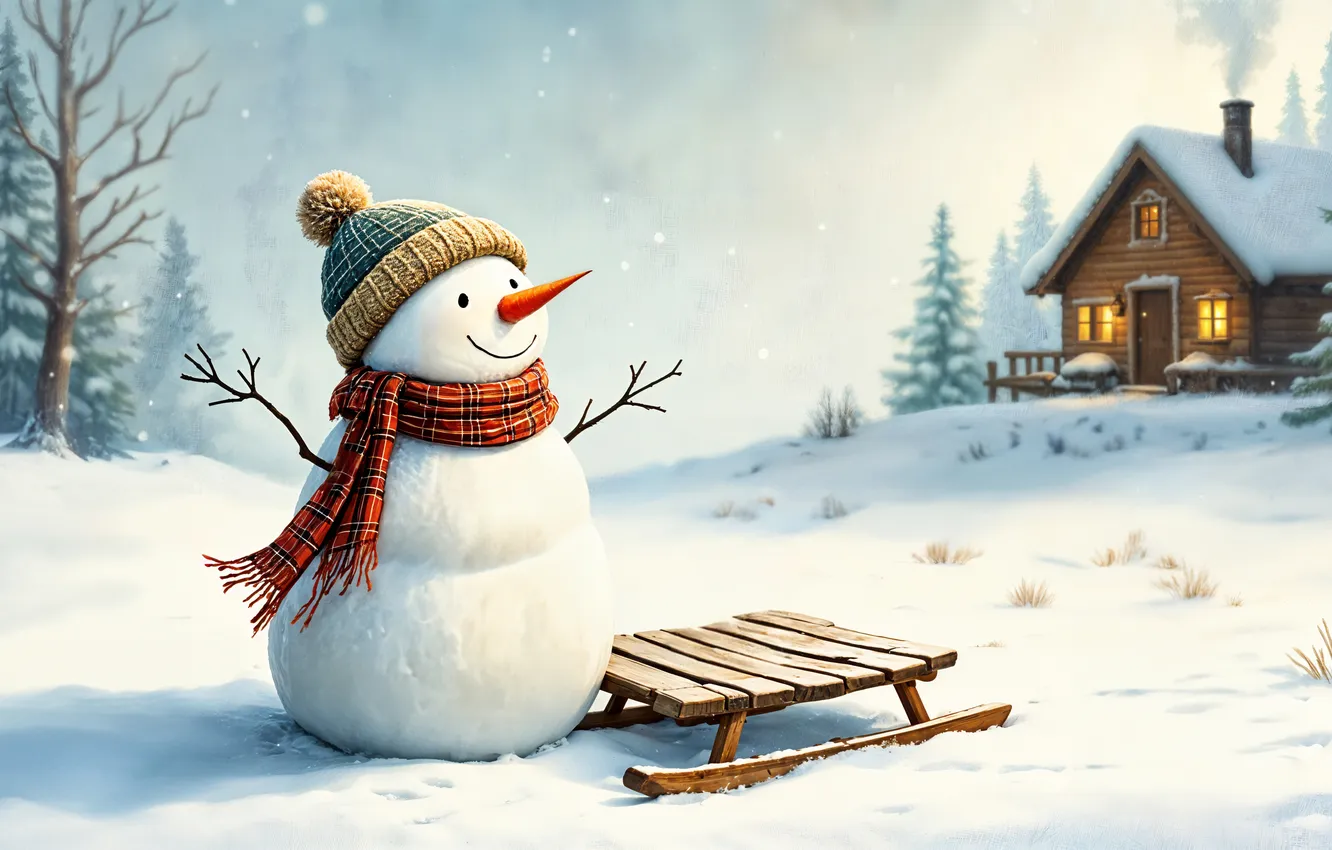Фото обои зима, снег, украшения, Рождество, Новый год, снеговик, happy, Christmas