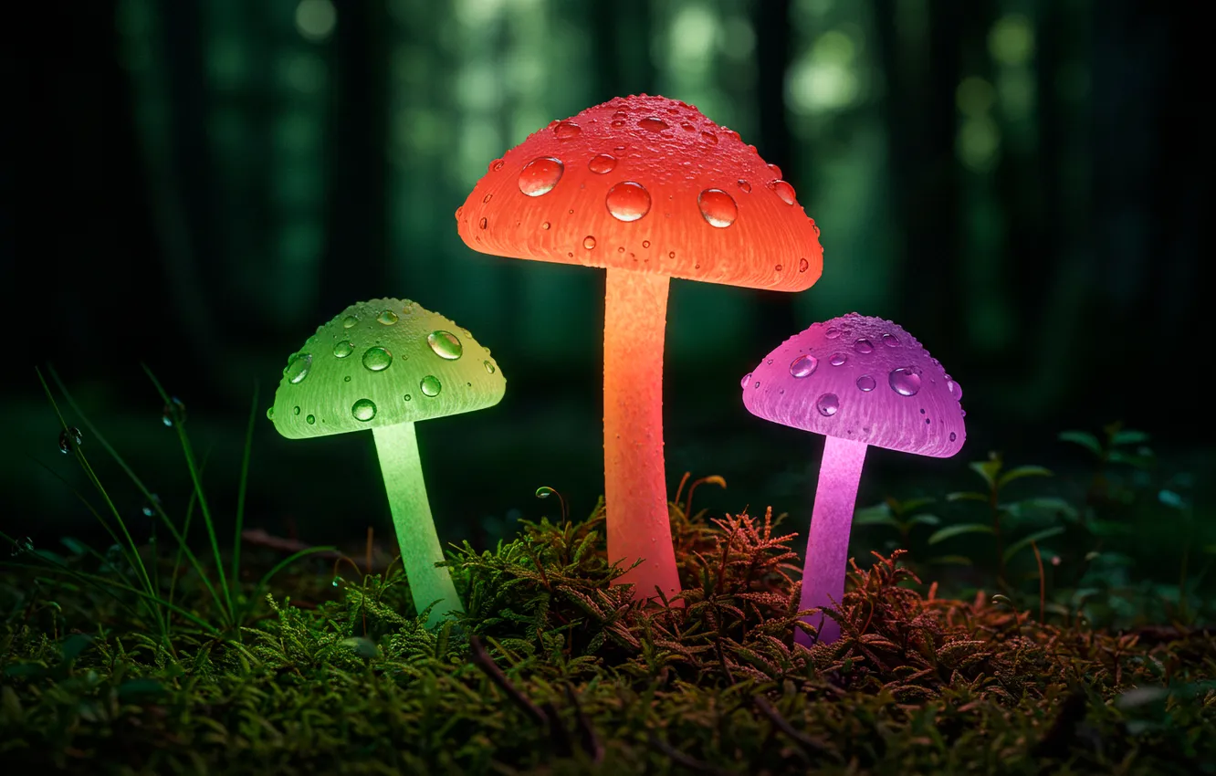 Фото обои лес, макро, сияние, грибы, арт, wallpaper, forest, art