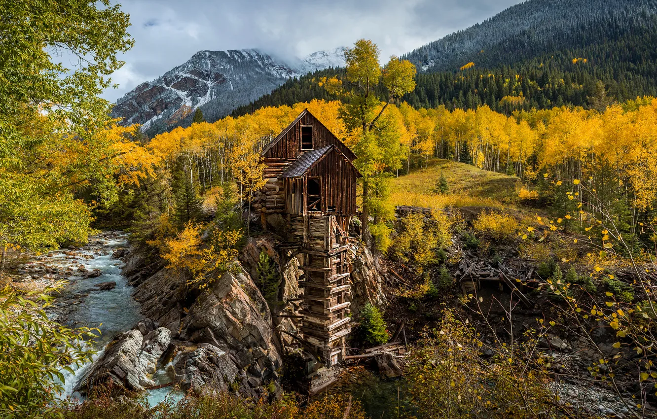 Фото обои осень, лес, горы, берег, мельница