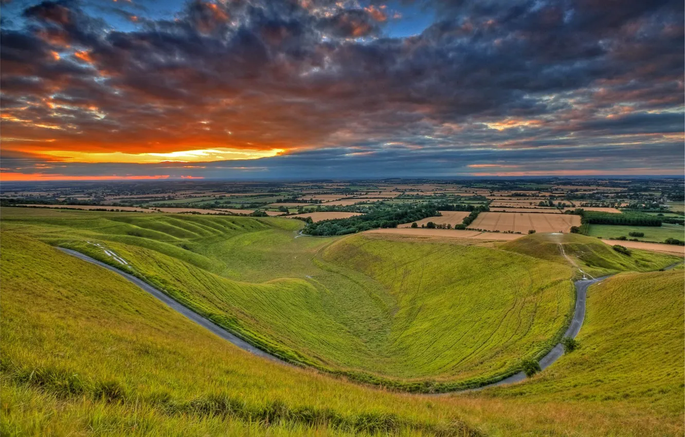 Фото обои поле, небо, облака, закат, природа, холмы, Англия, долина