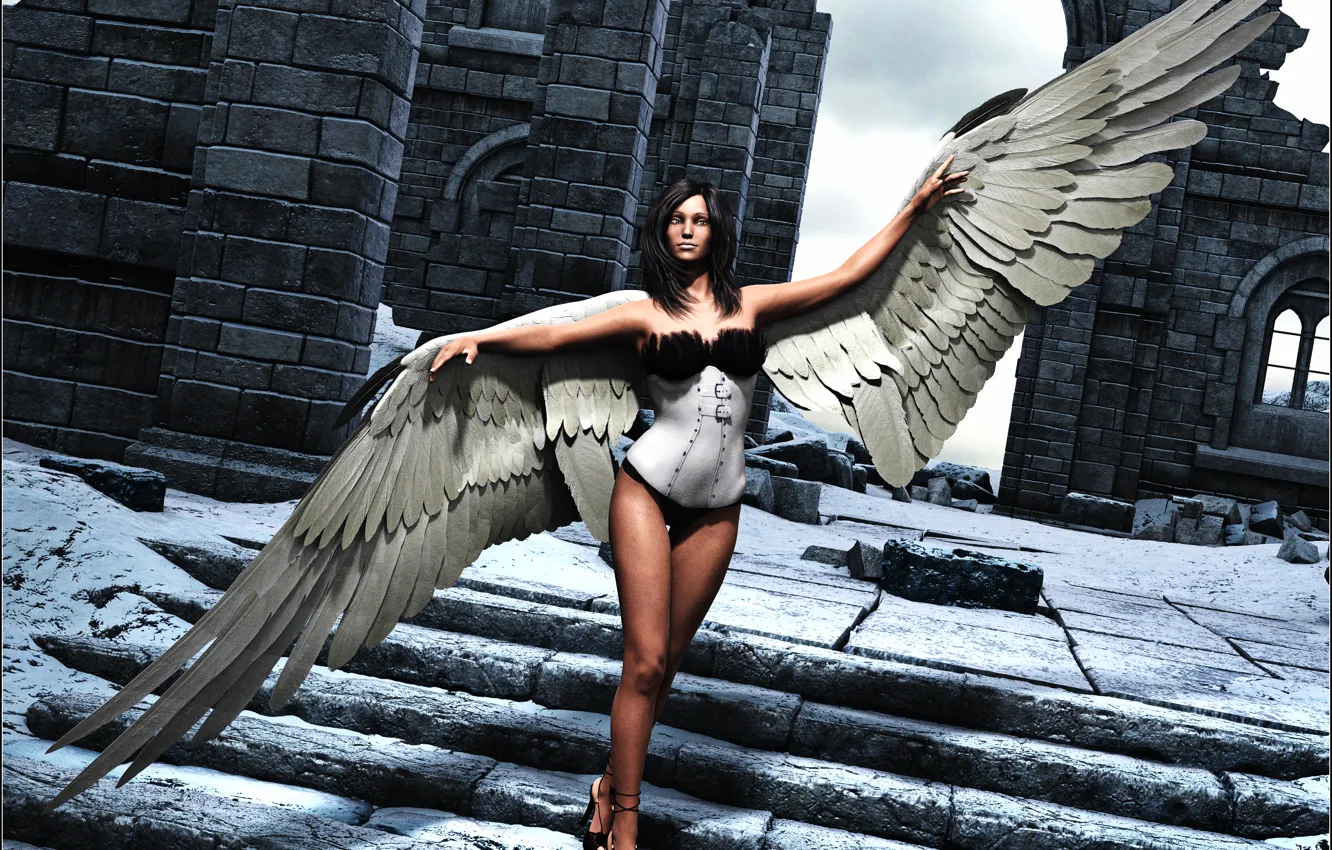 Фото обои взгляд, девушка, рендеринг, волосы, крылья, ангел, лестница
