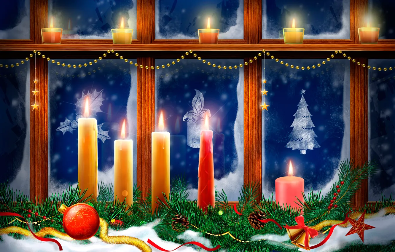 Фото обои украшения, узор, вектор, свечи, окно, Рождество, открытка