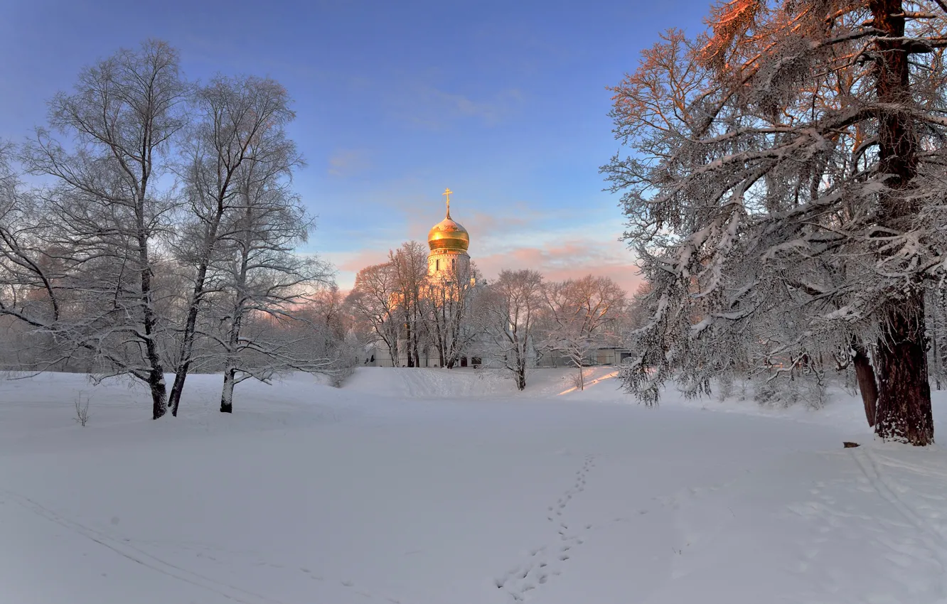 Фото обои зима, утро, Санкт-Петербург, храм