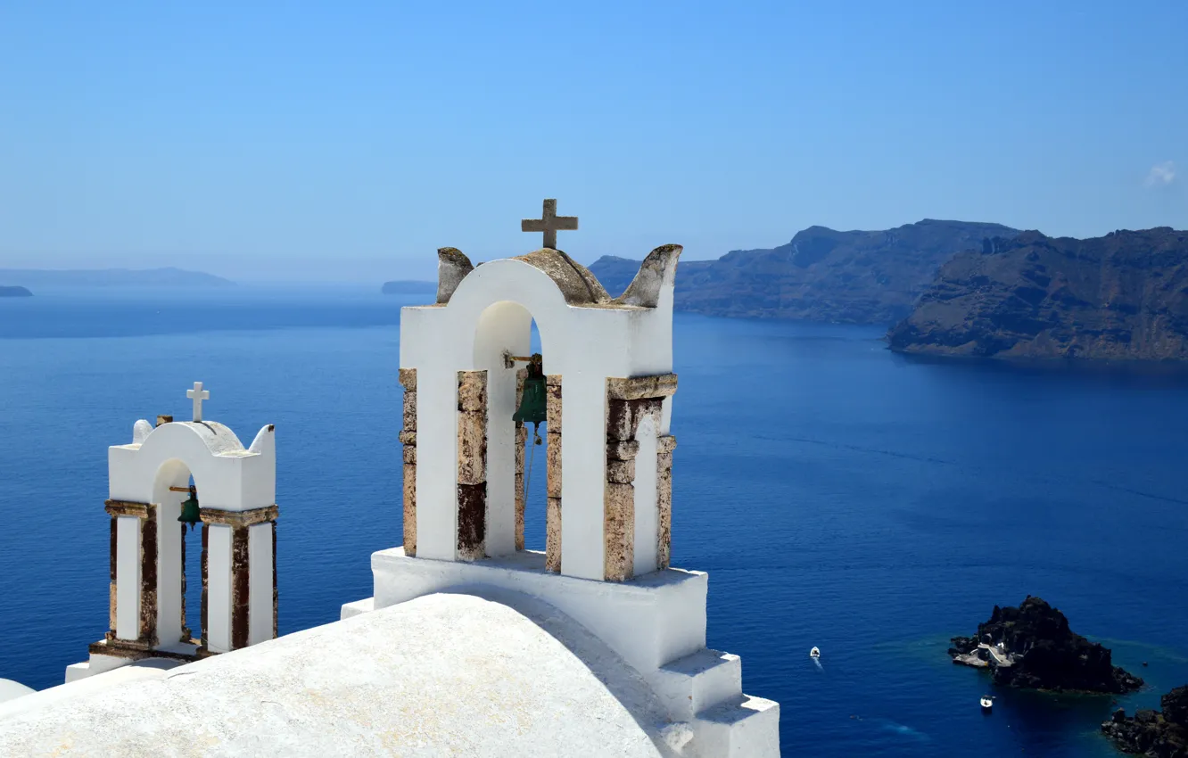 Фото обои море, Санторини, колокол