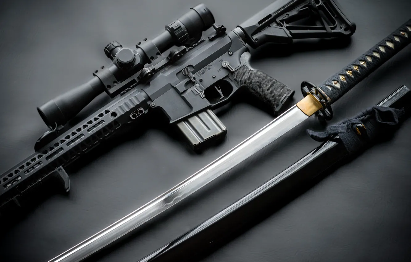 Фото обои стиль, меч, катана, оптика, рукоятка, штурмовая винтовка