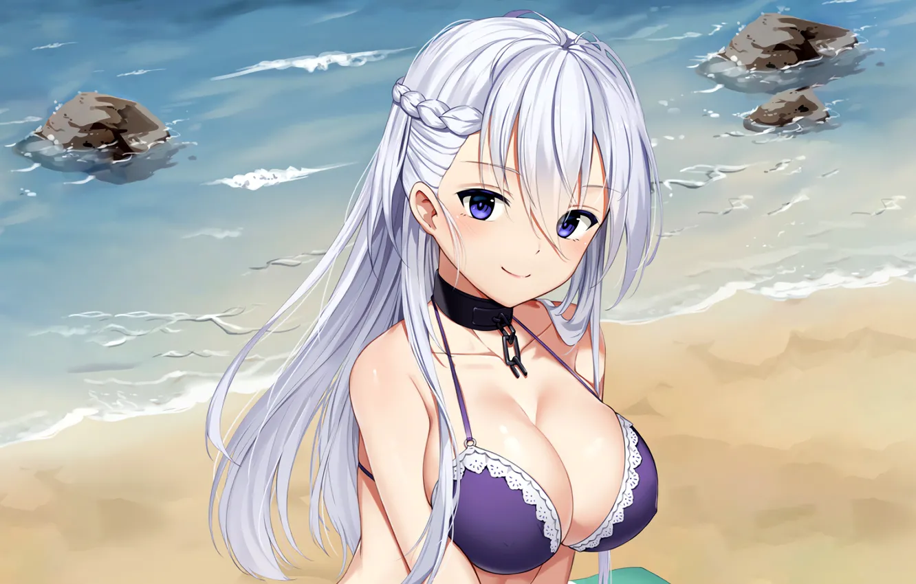 Фото обои girl, sexy, cleavage, beach, long hair, sea, boobs, anime