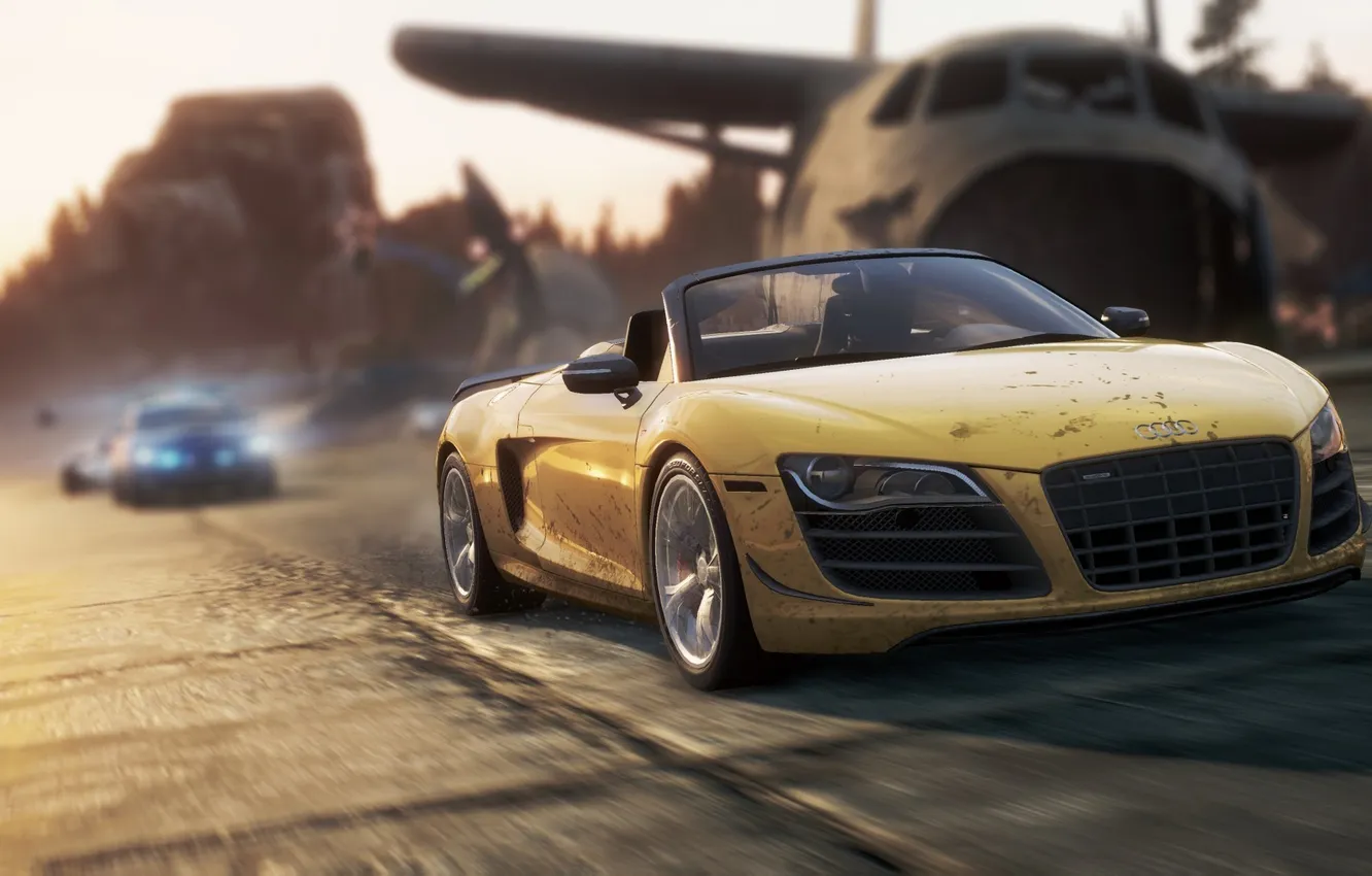 Фото обои погоня, пыль, аэродром, need for speed most wanted 2, Audi R8 GT Spyder