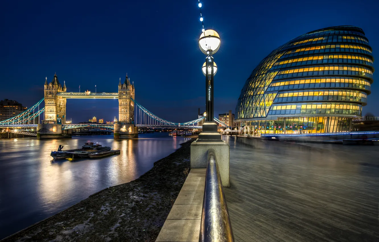 Фото обои ночь, Англия, Лондон, night, Tower Bridge, London, England, Thames