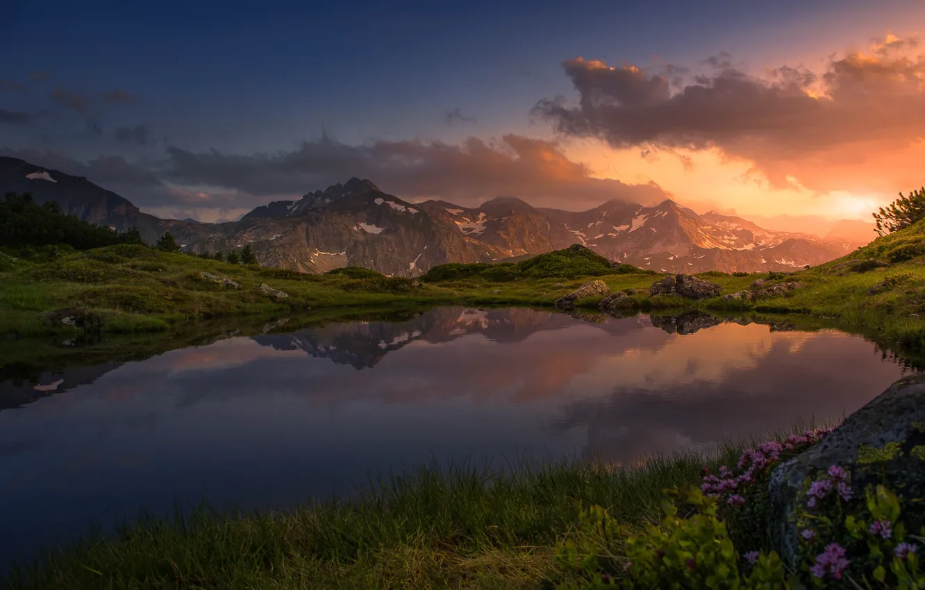 Фото обои небо, закат, горы, озеро, отражение, Friedrich Beren