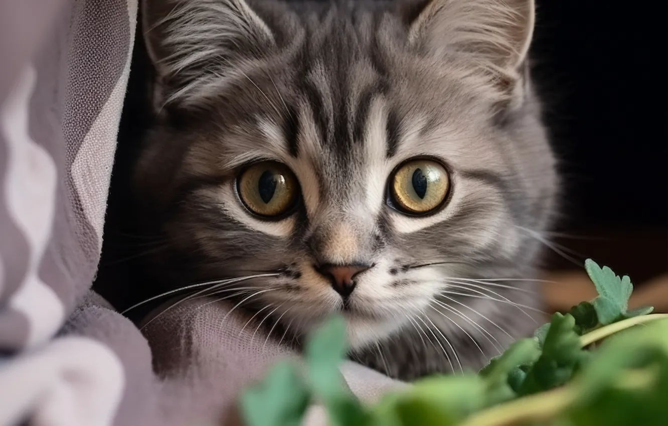 Фото обои кошка, взгляд, листья, поза, котенок, серый, портрет, ткань
