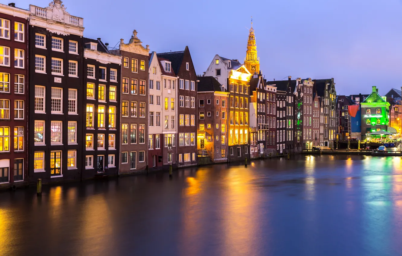 Фото обои ночь, city, город, lights, огни, река, Амстердам, panorama