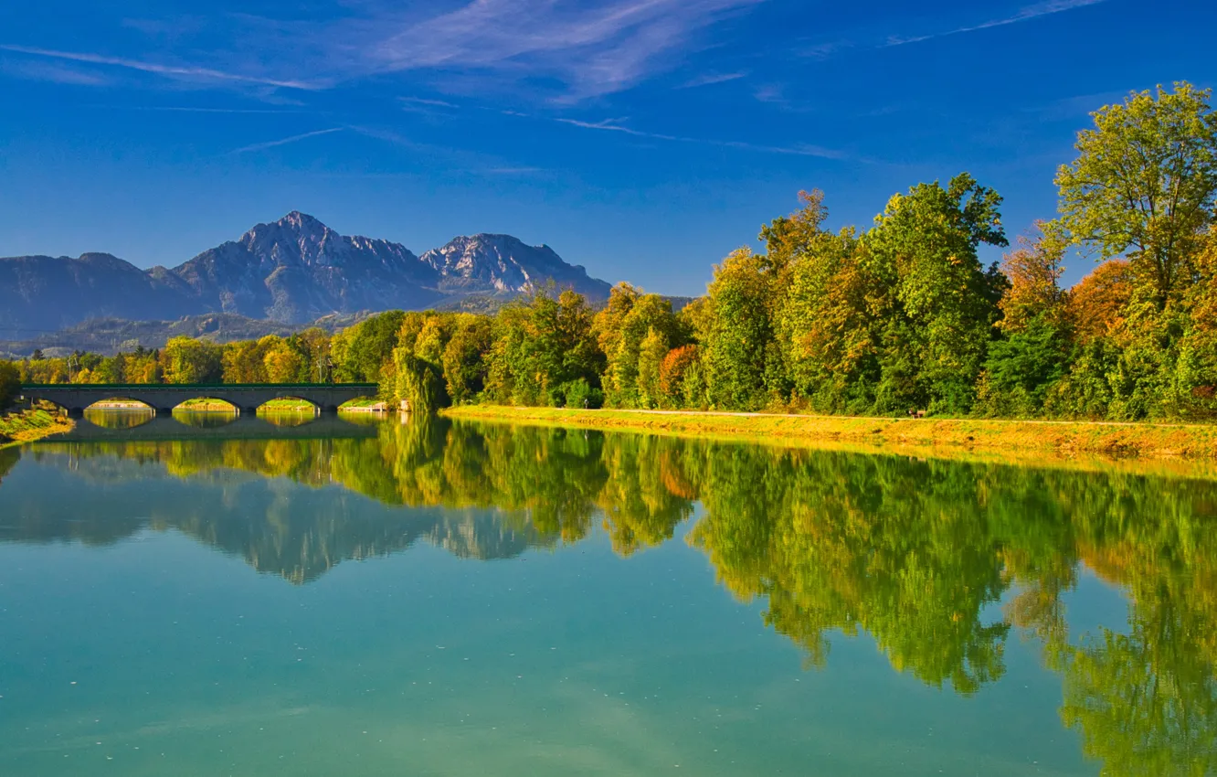 Фото обои осень, деревья, горы, мост, отражение, река, Германия, Бавария