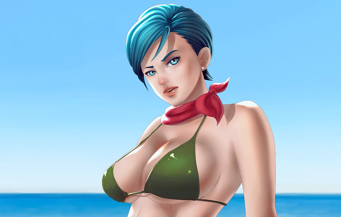 Фото обои girl, sexy, cleavage, sea, boobs, anime, blue eyes, beautiful