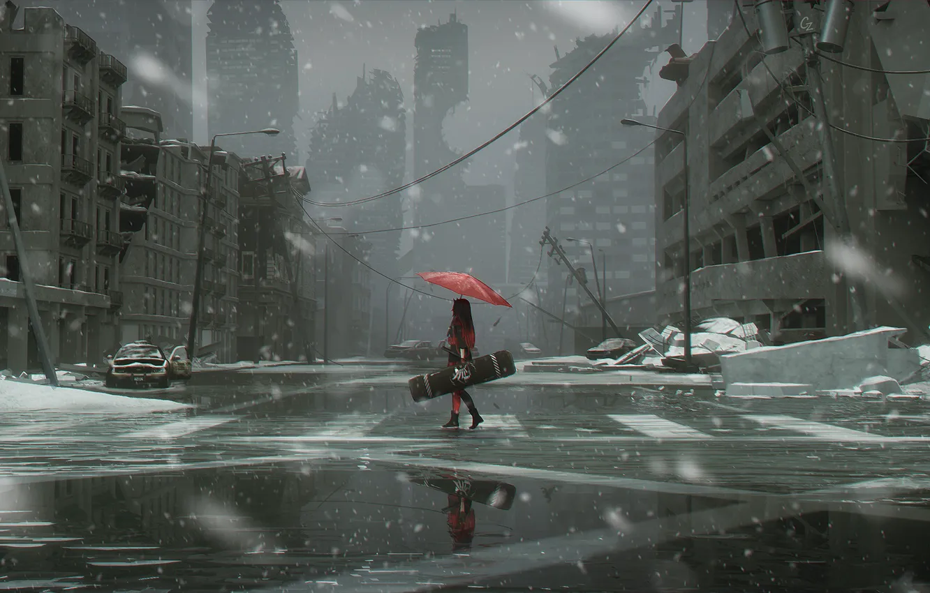 Фото обои холод, зима, обломки, девочка, снегопад, постапокалипсис, красный зонт, футляр