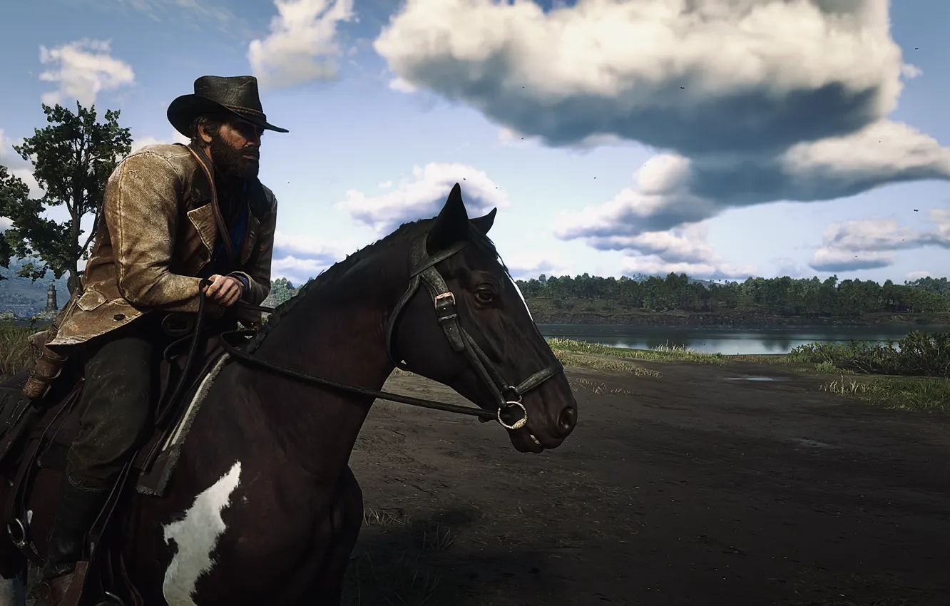 Фото обои HDR, game, sky, sea, clouds, horse, UHD, Red Dead Redemption 2
