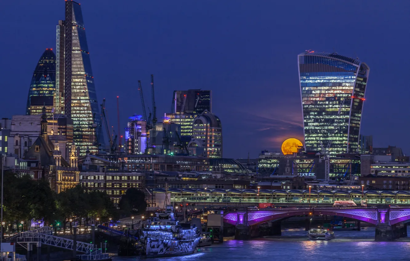 Фото обои ночь, огни, Англия, Лондон, башня, Луна