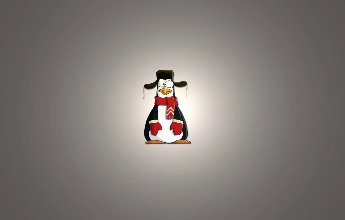 Фото обои минимализм, шарф, пингвин, светлый фон, шапка ушанка, варюшки, penguin