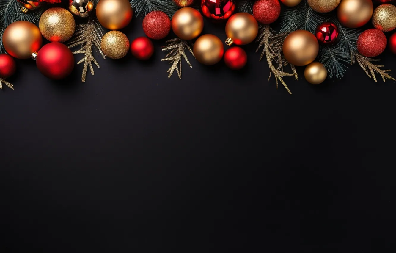 Фото обои украшения, темный фон, шары, Новый Год, Рождество, golden, new year, happy