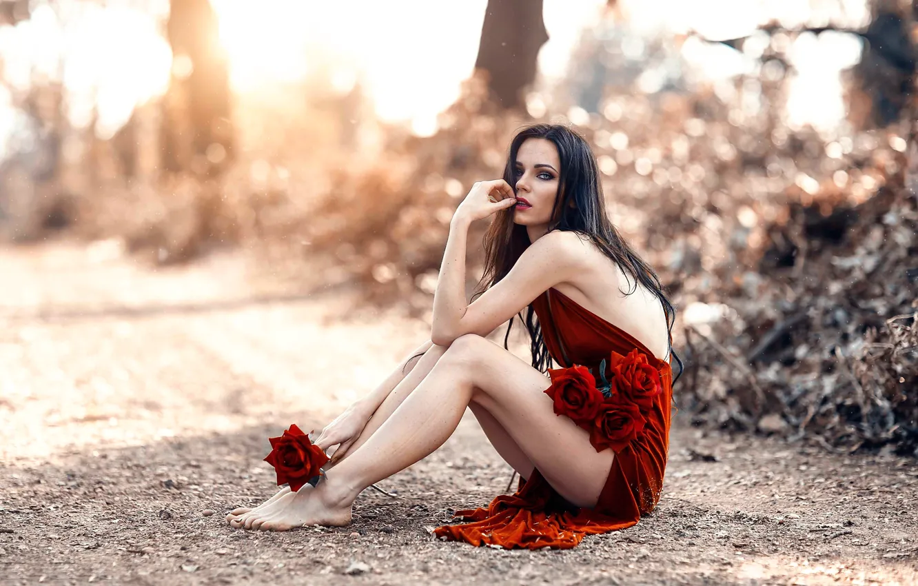 Фото обои дорога, девушка, розы, платье, ножки, Alessandro Di Cicco