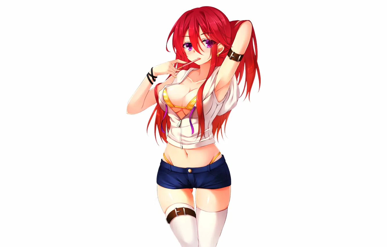 Фото обои girl, sexy, cleavage, shorts, thighhighs, long hair, boobs, anime
