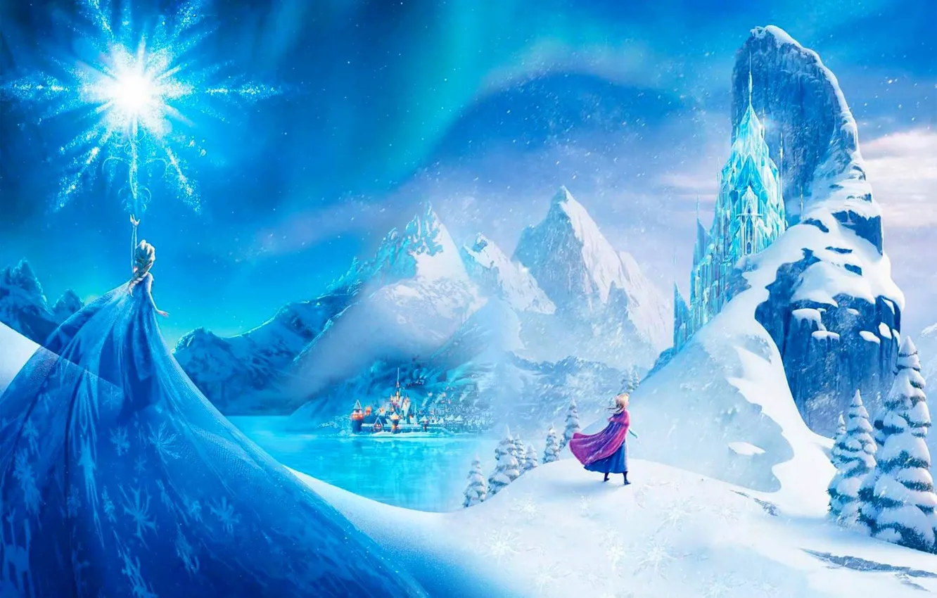 Фото обои снег, горы, город, звезда, лёд, Frozen, принцесса, Анна