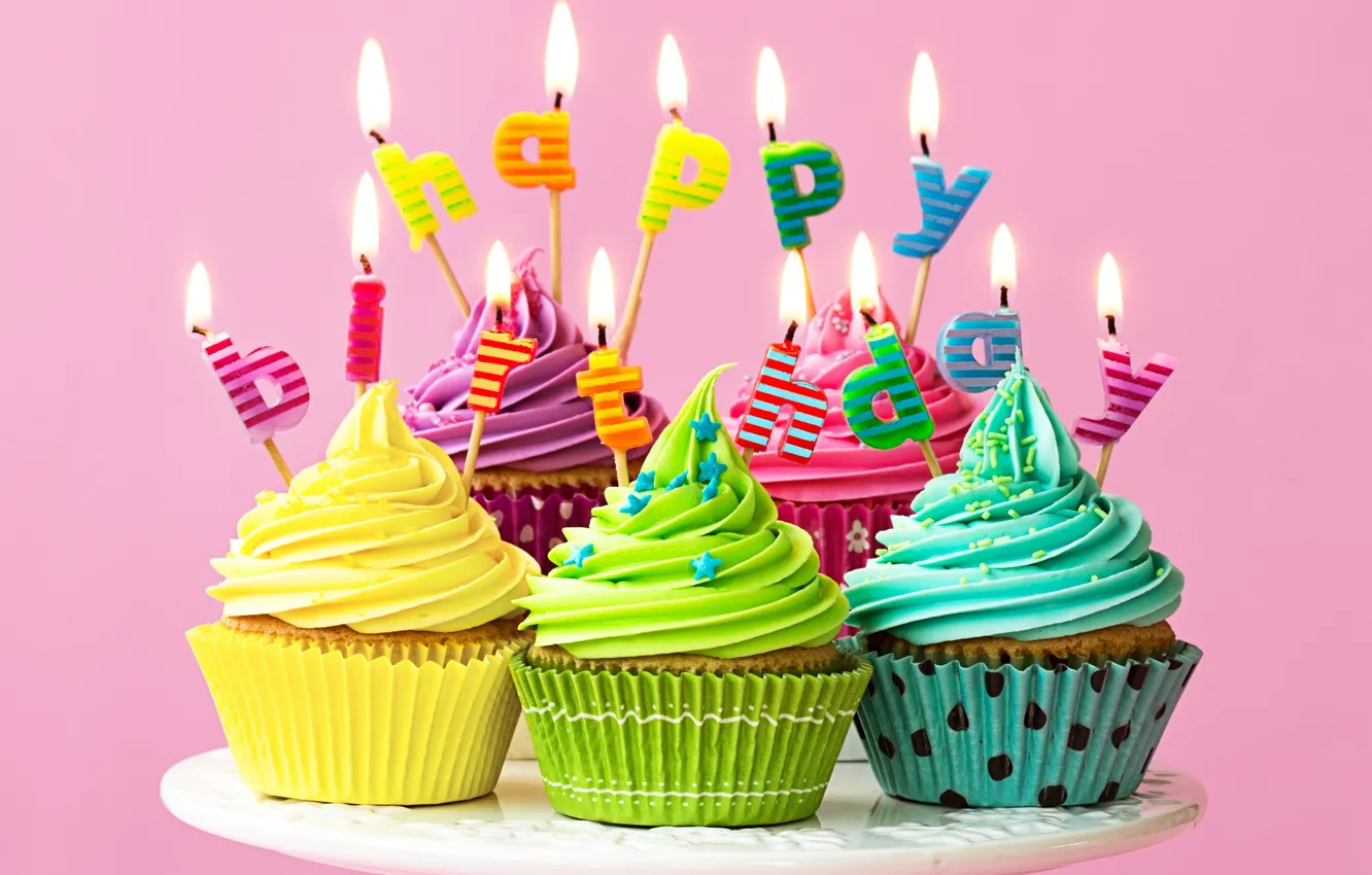 Фото обои свечи, colorful, rainbow, cake, крем, Happy Birthday, colours, cupcake
