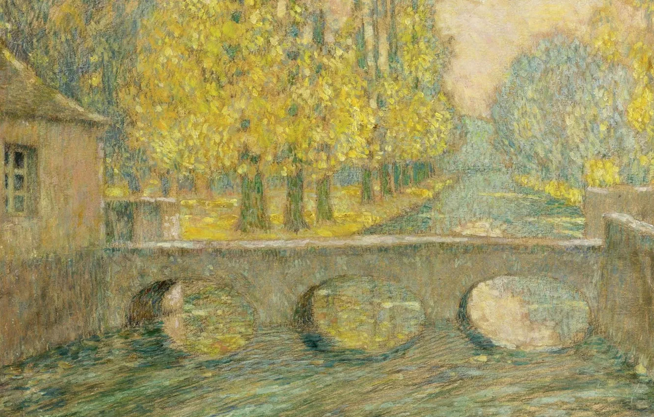 Фото обои пейзаж, дома, картина, Henri Le Sedaner, Анри Ле Сиданэ, Мост. Осень. Жизор