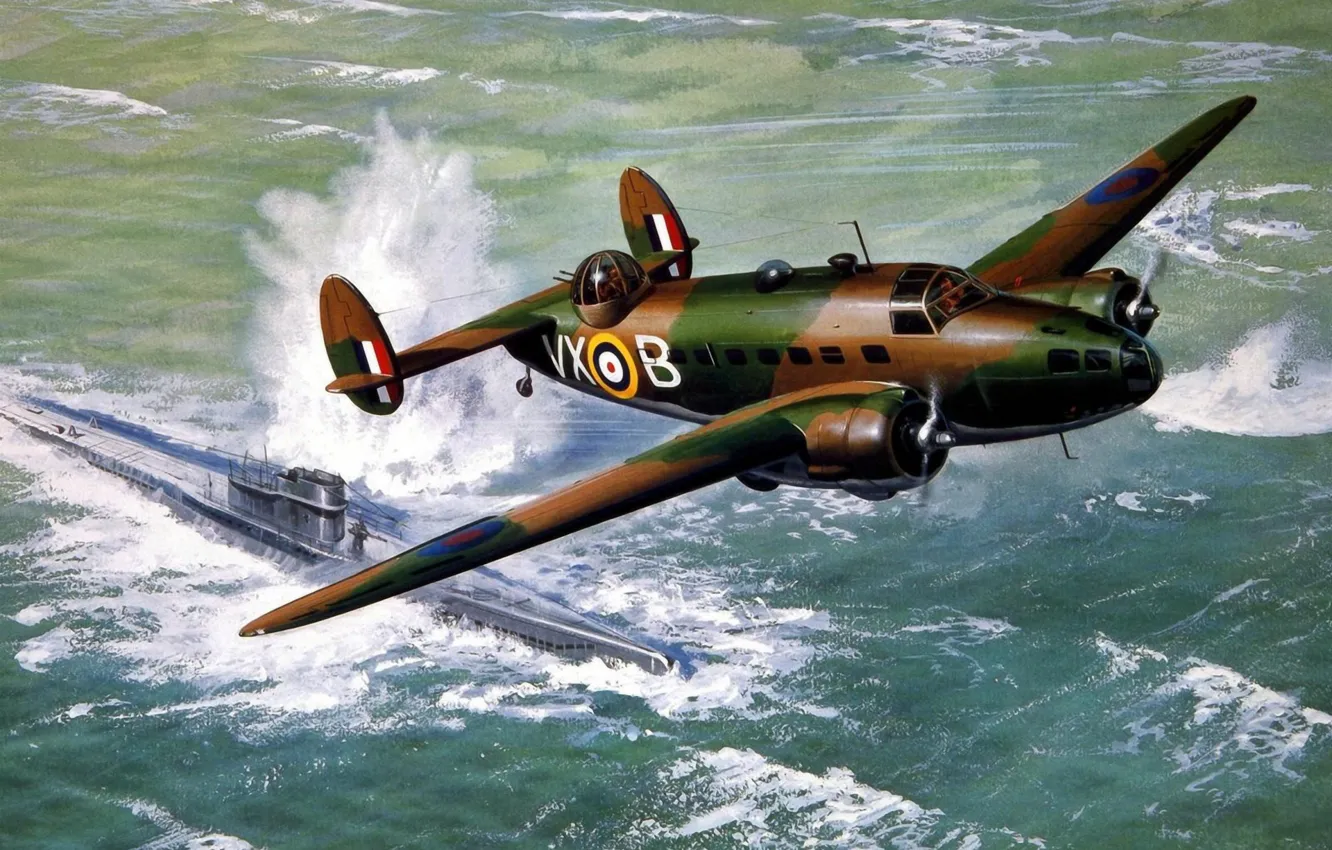 Фото обои war, art, airplane, painting, aviation, Lockheed Hudson