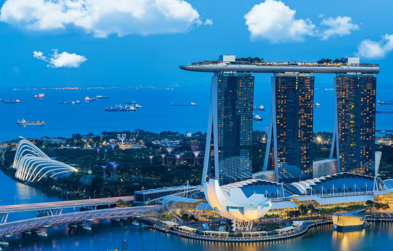 Фото обои lights, огни, небоскребы, Сингапур, архитектура, мегаполис, blue, night