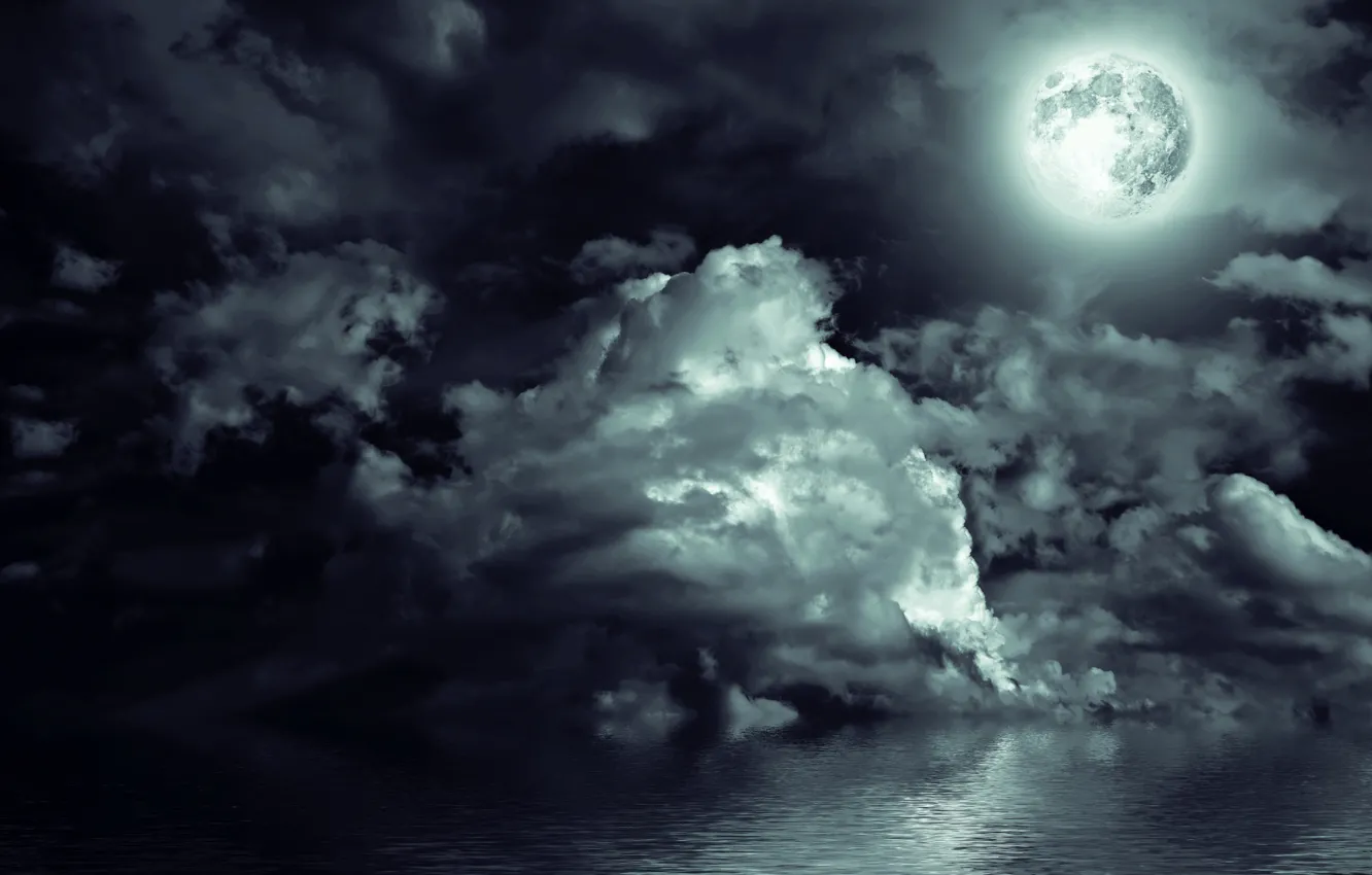 Фото обои море, небо, облака, свет, пейзаж, ночь, луна