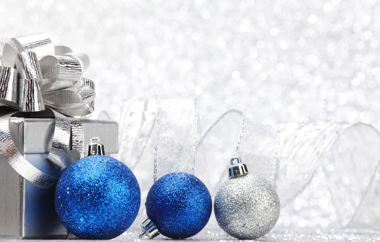 Фото обои зима, шарики, праздник, коробка, подарок, Новый Год, Рождество, лента