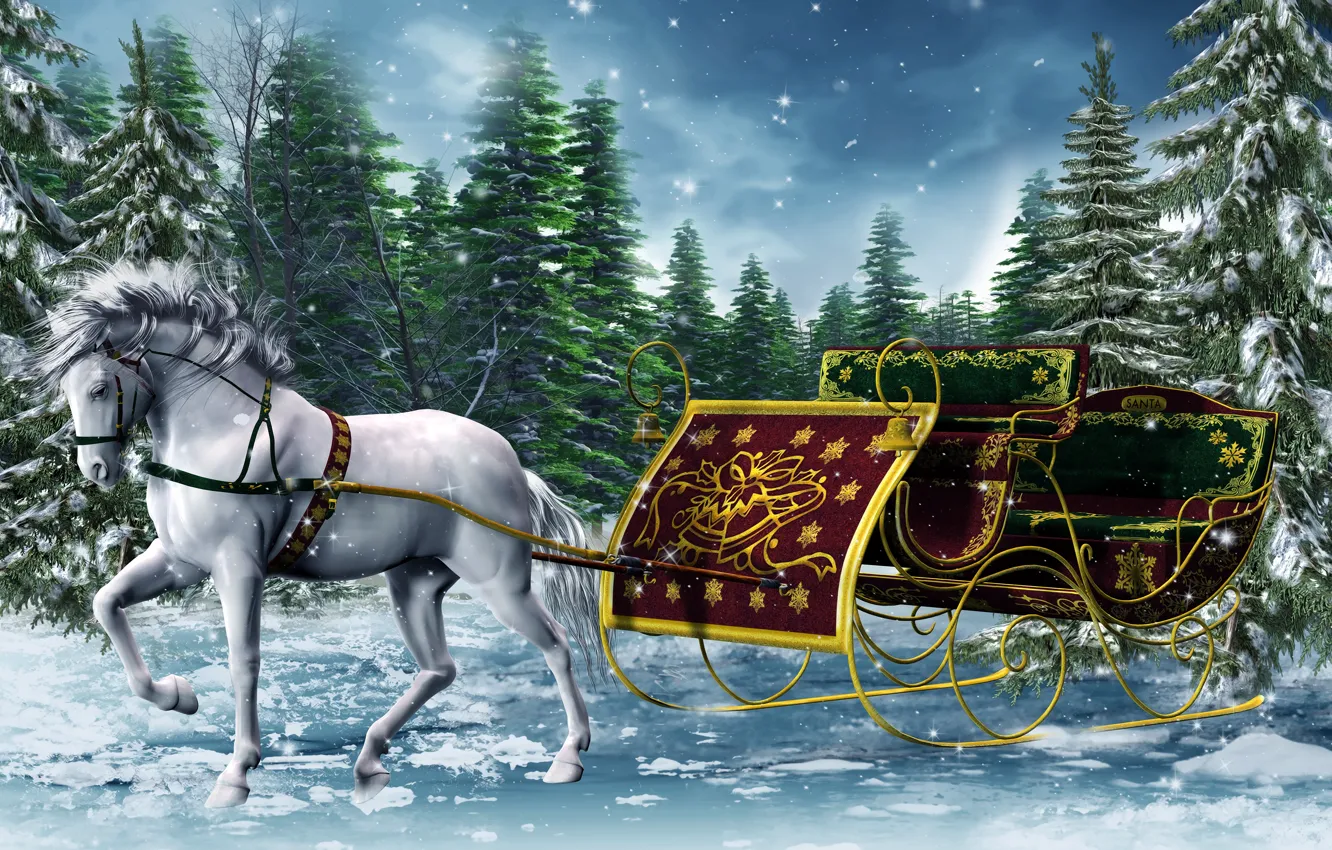 Фото обои зима, лошадь, графика, новый год, ели, сани