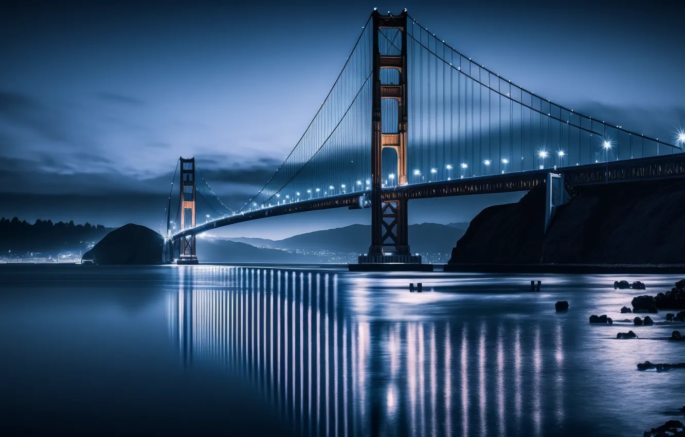 Фото обои Golden Gate Bridge, water, art, Blue hour