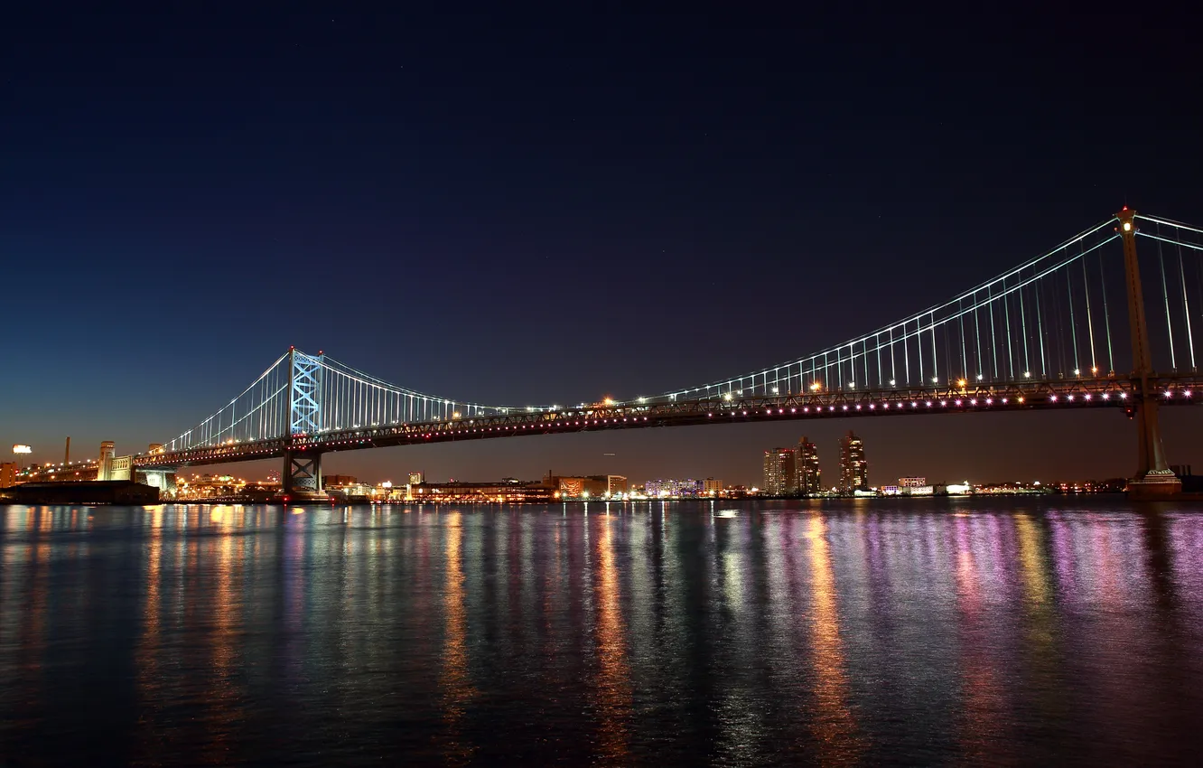 Фото обои мост, city, город, отражение, Филадельфия, bridge, reflection, флаг США