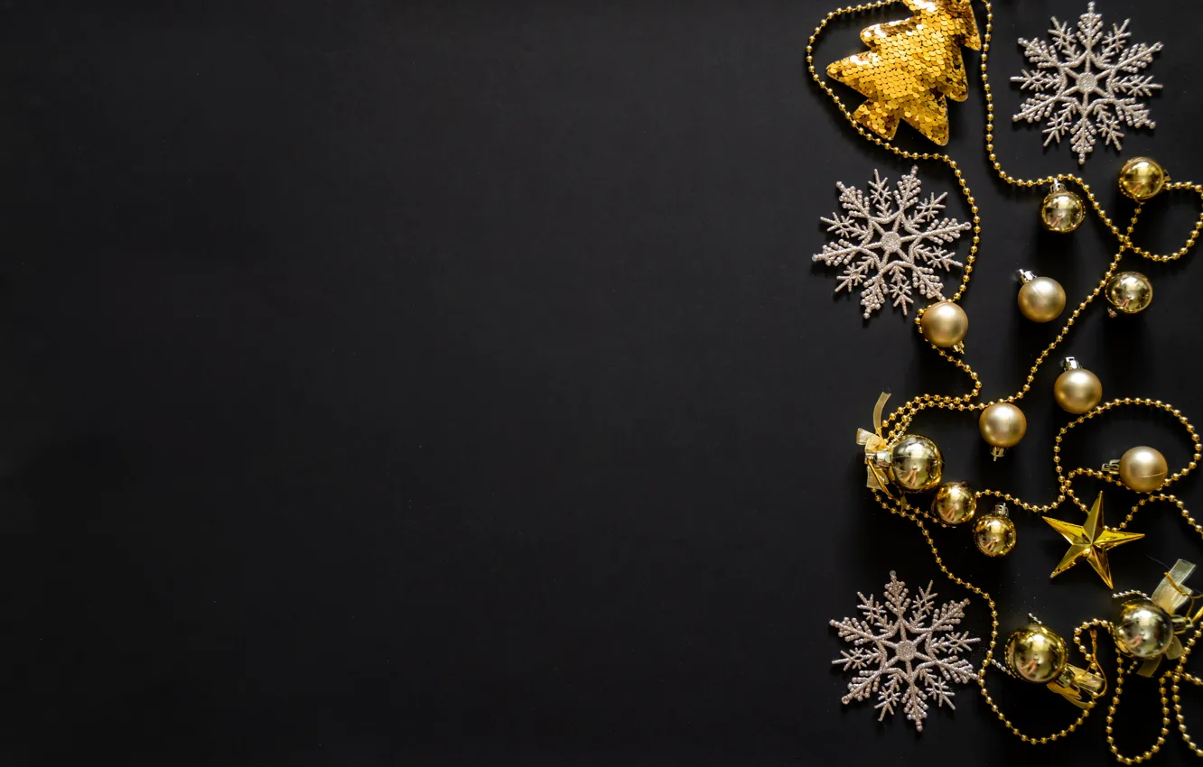 Фото обои снежинки, фон, черный, игрушки, новый год, золотые, декор