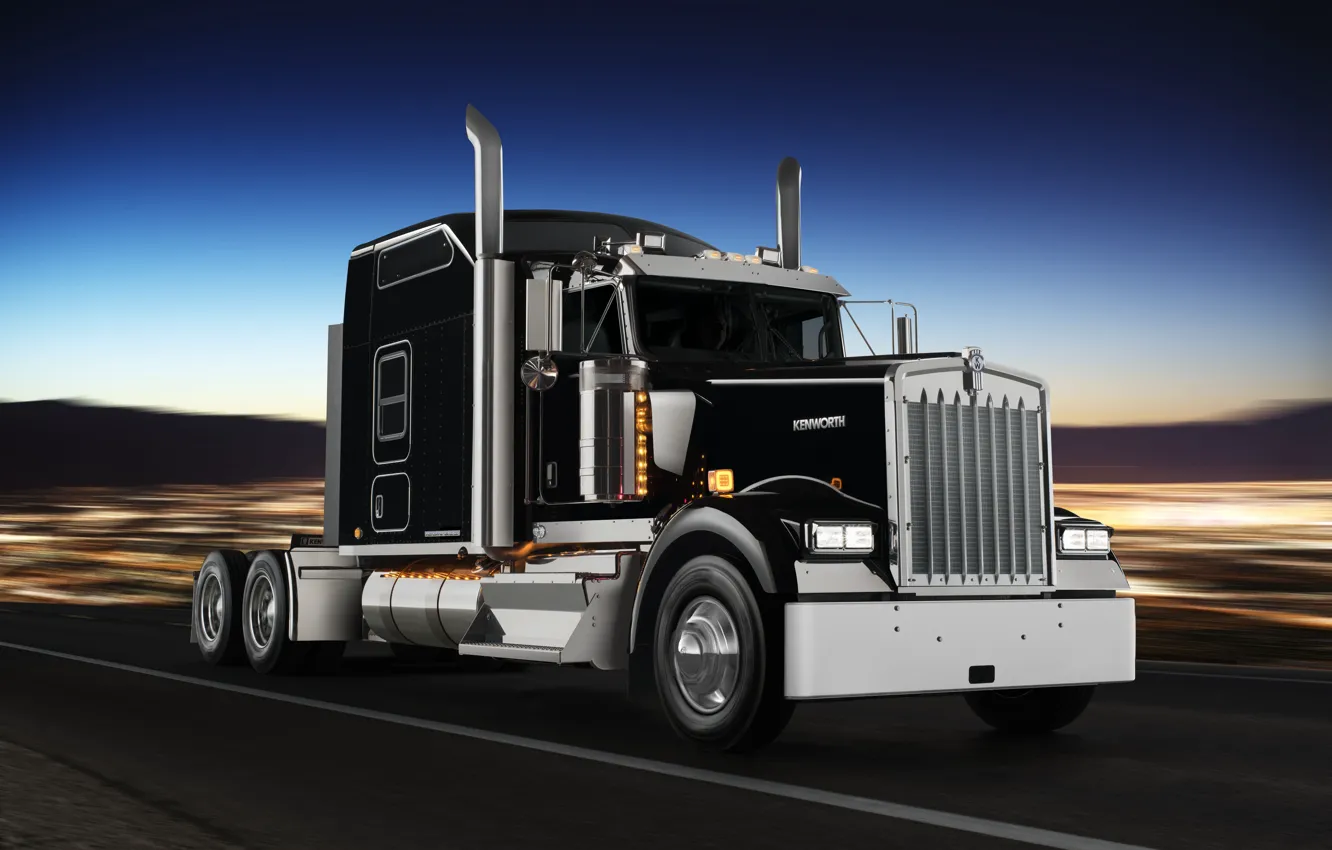 Фото обои дорога, движение, чёрный, грузовик, хром, тягач, Kenworth, спецверсия W900L