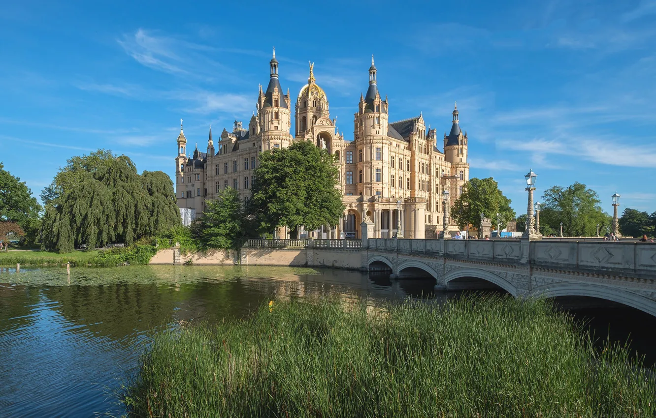 Фото обои мост, река, замок, Германия, Шверин, Schwerin Castle