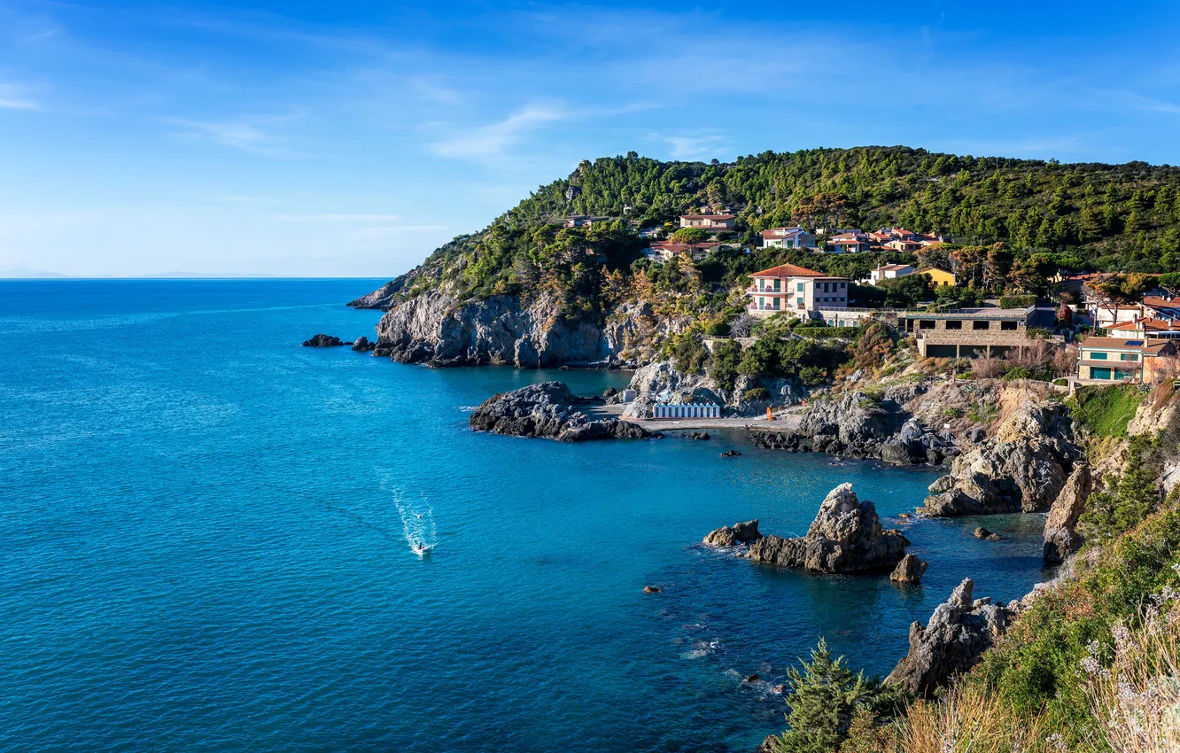 Фото обои Дома, Море, Горы, Италия, Talamone