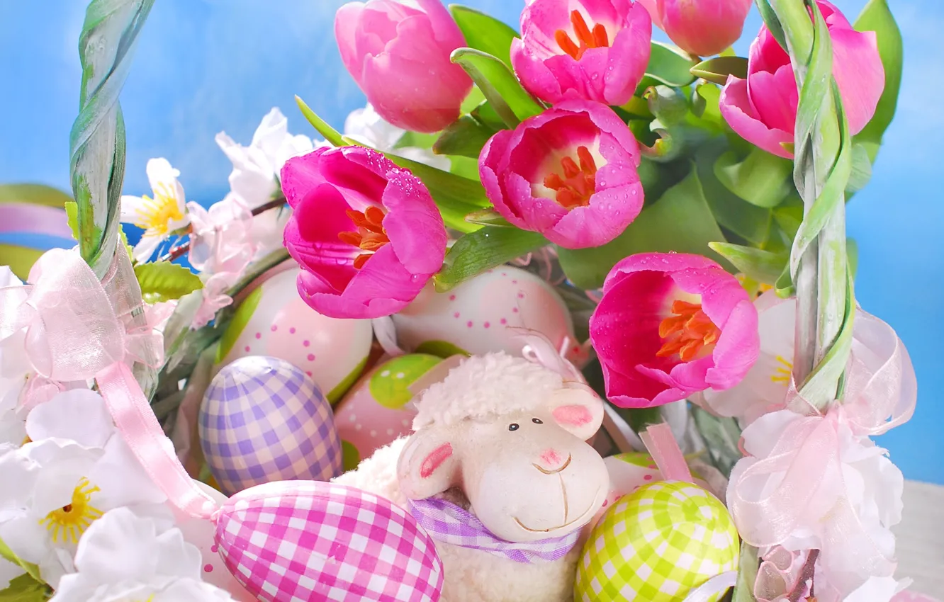 Фото обои цветы, яйца, тюльпаны, пасхальные яйца, пасхальные