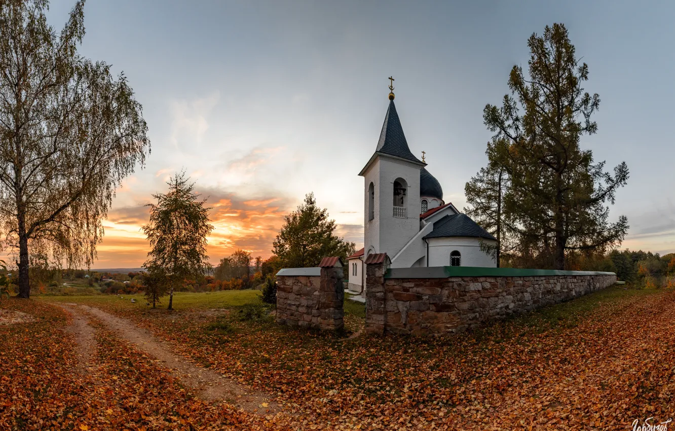 Фото обои осень, пейзаж, закат, природа, село, Илья Гарбузов, Бёхово, церковь Троицы Живоначальной