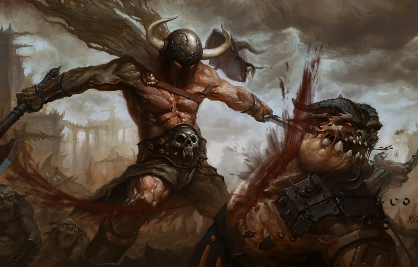 Фото обои оружие, кровь, воин, арт, монстры, рога, шлем, битва
