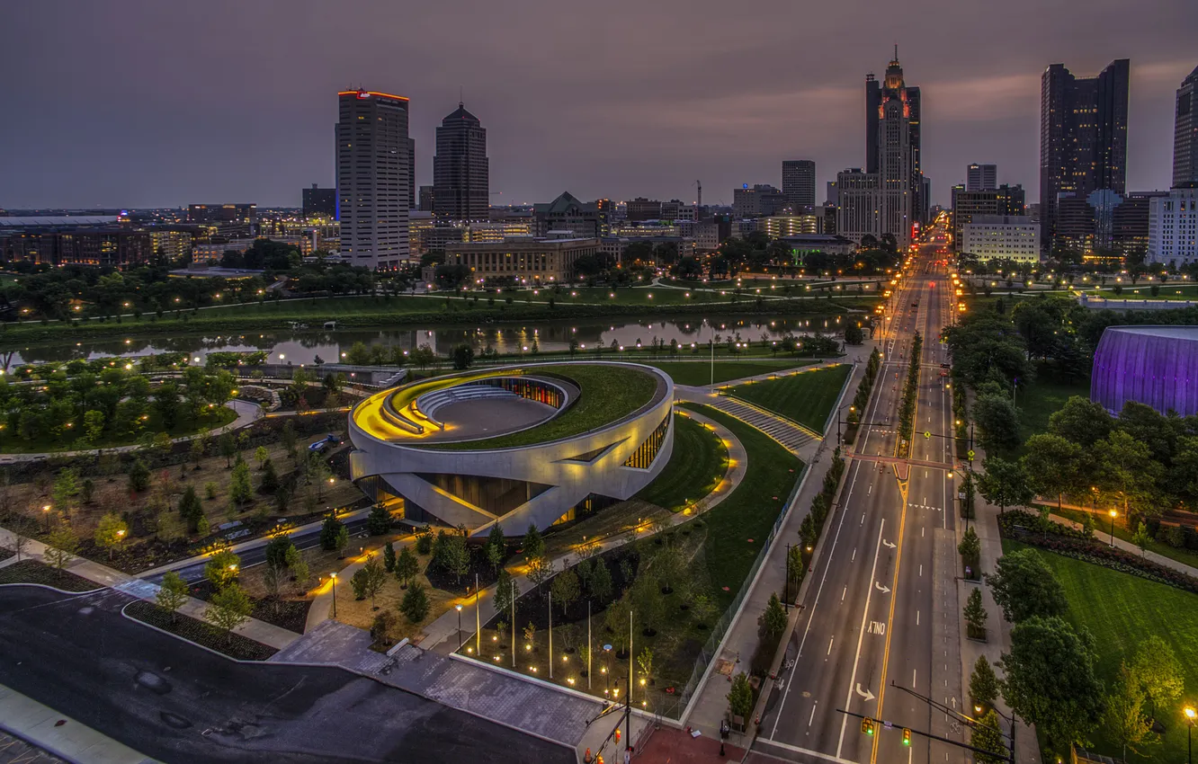 Фото обои дороги, вечер, США, мегаполис, Columbus Ohio