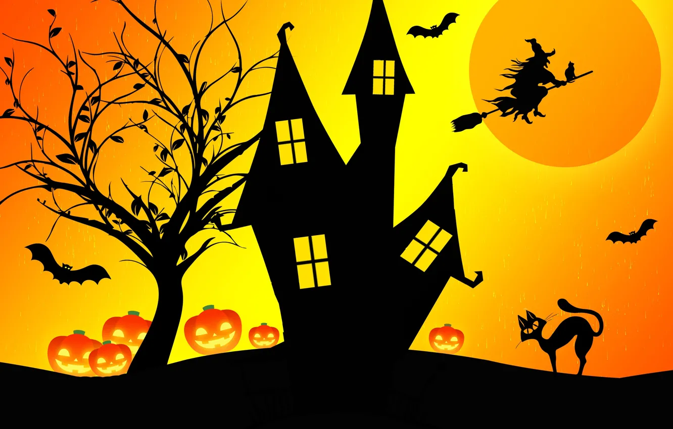 Фото обои ночь, дом, Хэллоуин, ведьма