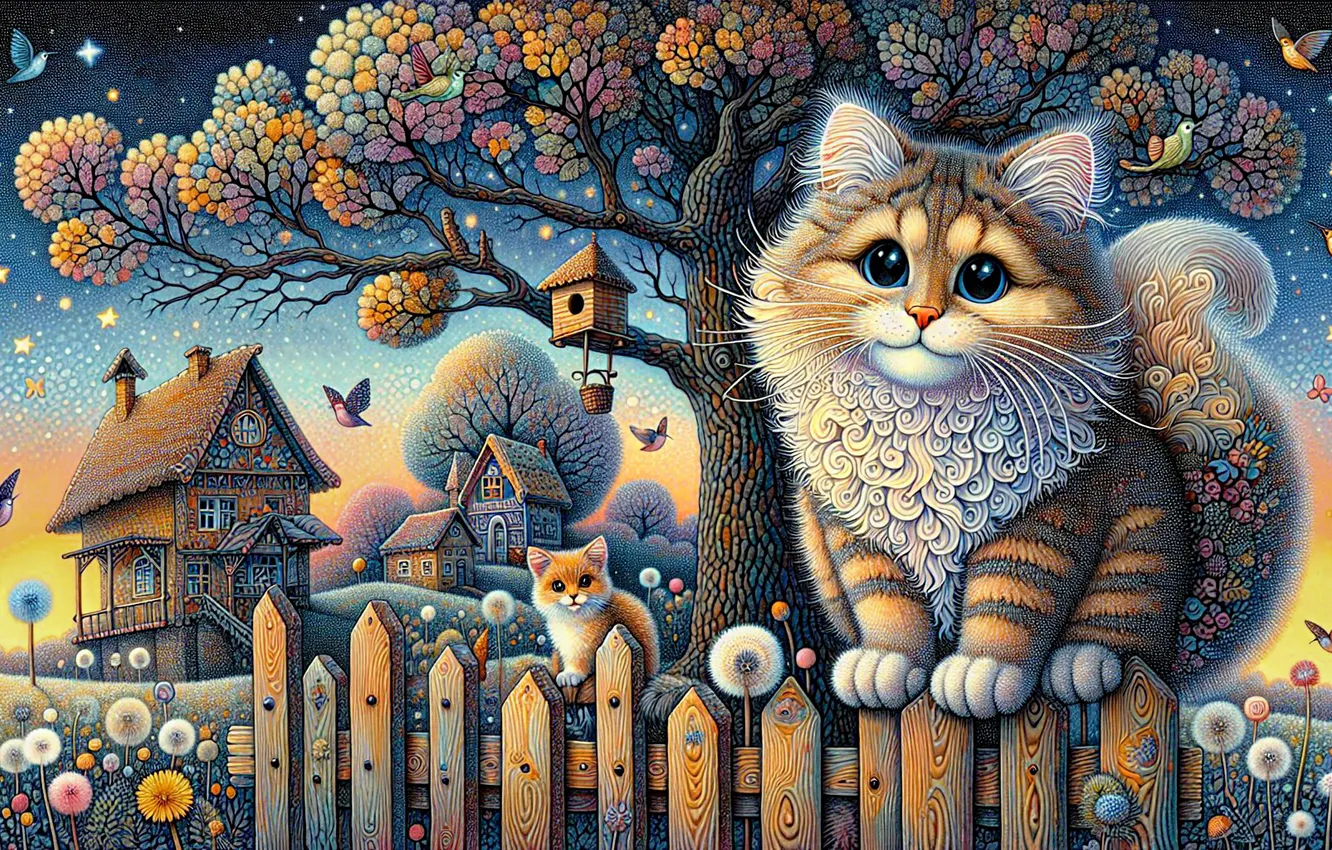 Фото обои кошка, кот, птицы, ночь, ветки, котенок, дерево, завитки