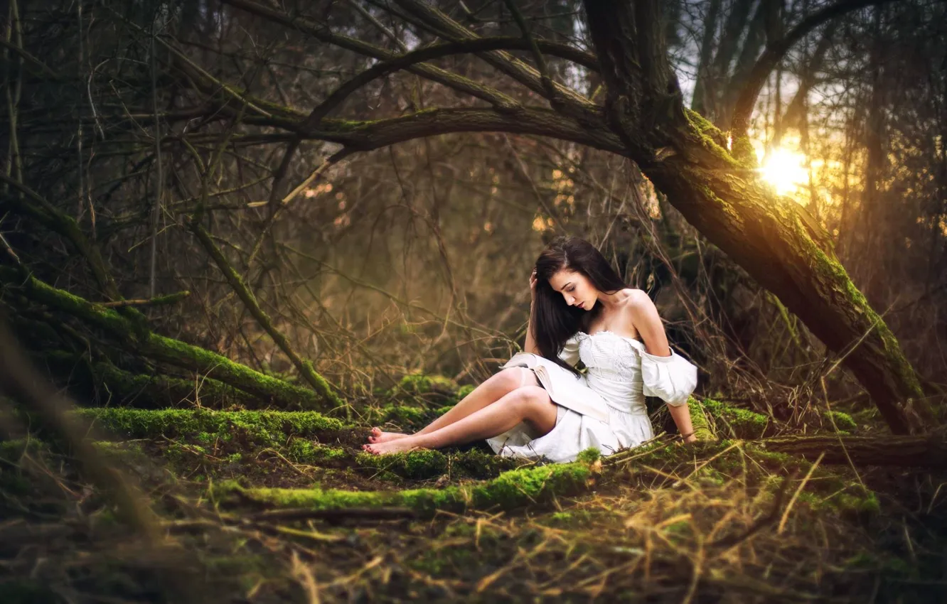 Фото обои лес, девушка, платье, ножки, Marketa Novak
