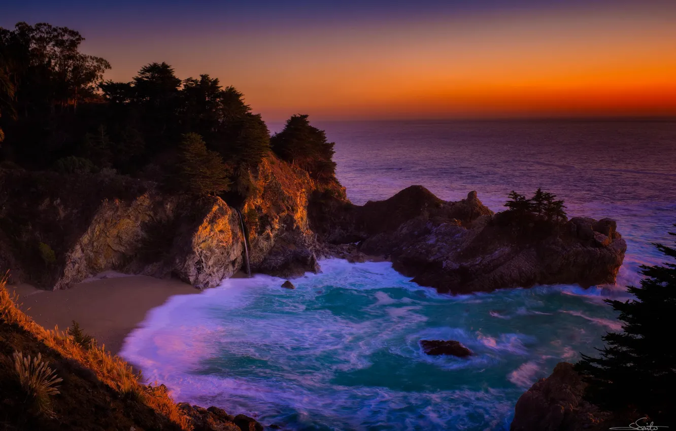 Фото обои скалы, побережье, водопад, Калифорния, landscape, seascape, California, Тихий океан