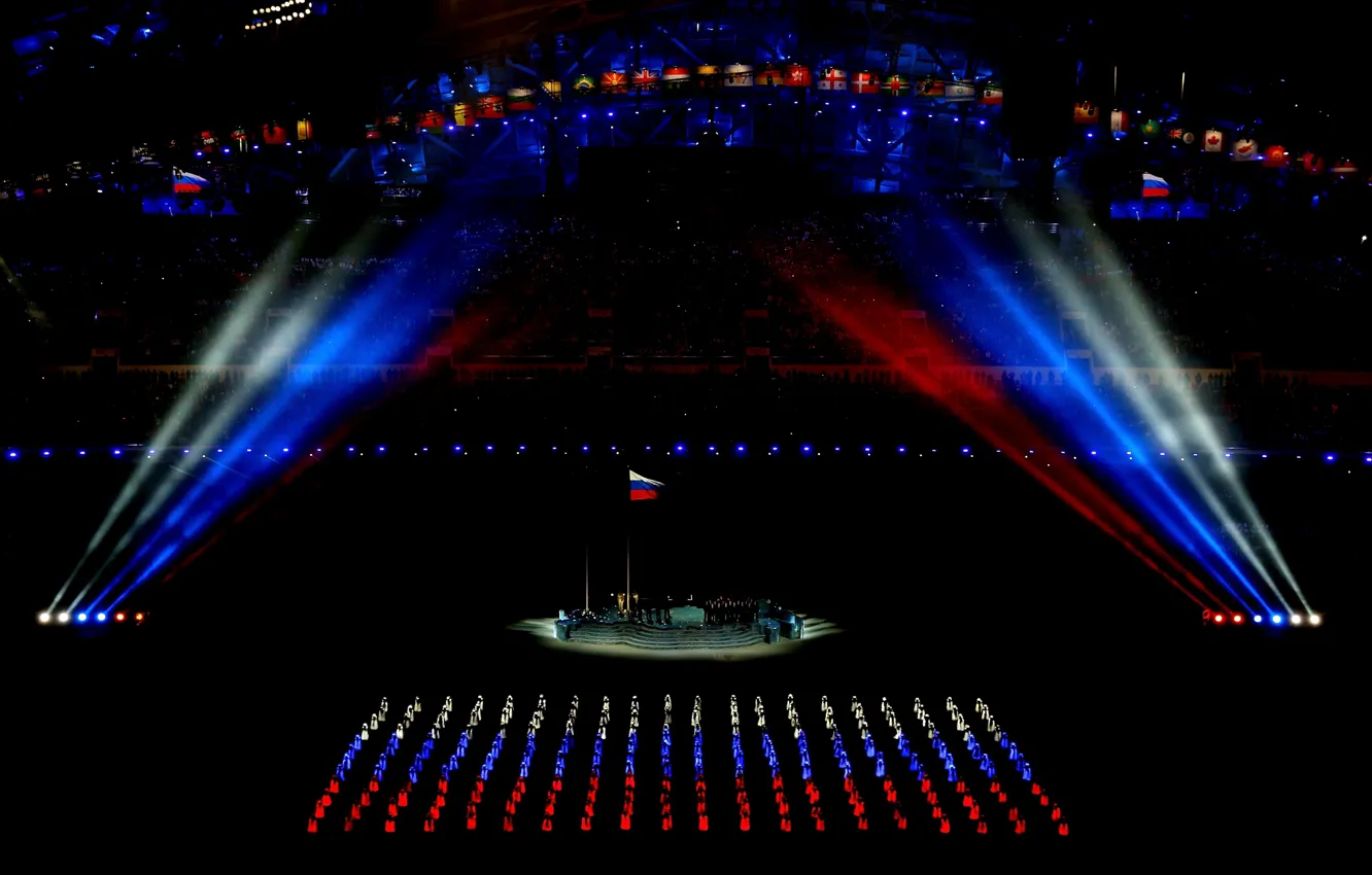 Фото обои флаг, Россия, триколор, Олимпиада, олимпийские игры, Сочи, 2014, стадион фишт